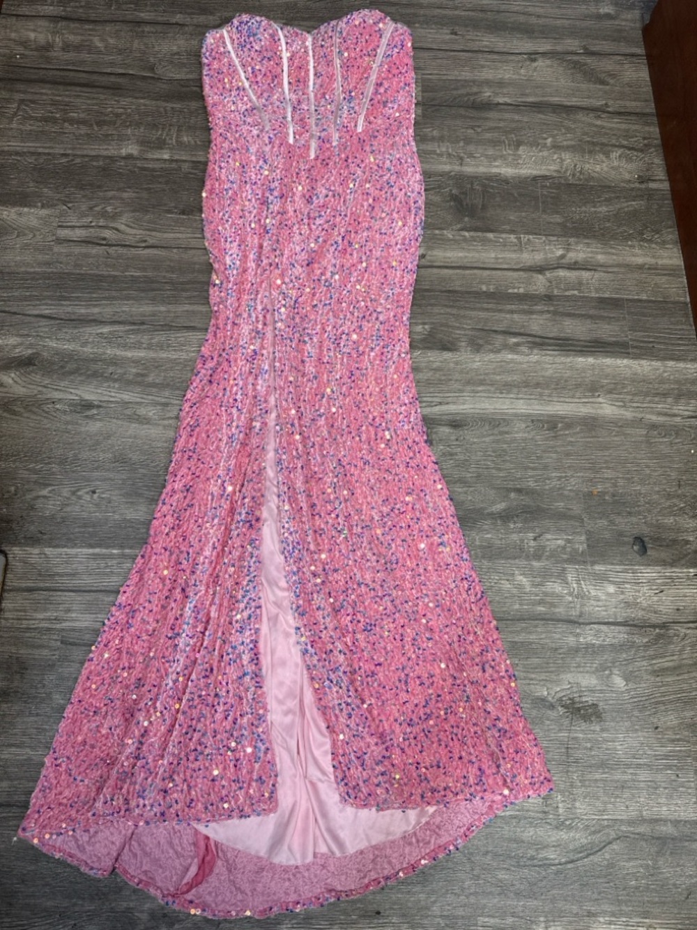 Strapless Pink Sequin Evening Gown with Front Slit - Picture 3 of 8